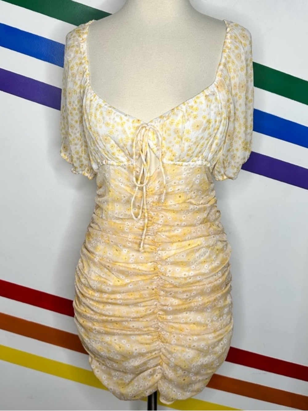 NEW Free People Tessa Floral Ruched Mini Dress Yellow Cream Milkmaid XS